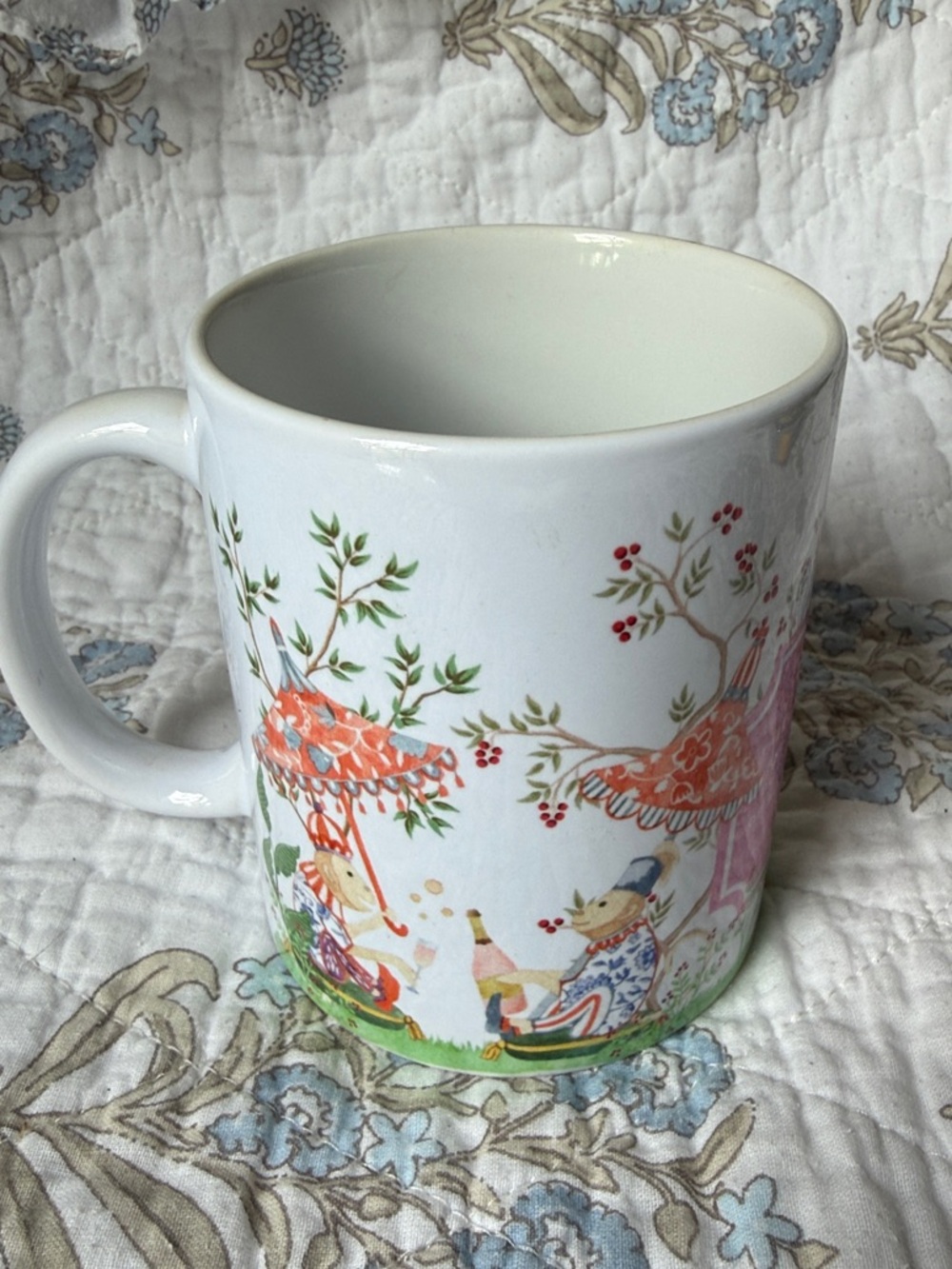 White Chinoiserie Mug with Pink and Orange Picnic Illustration